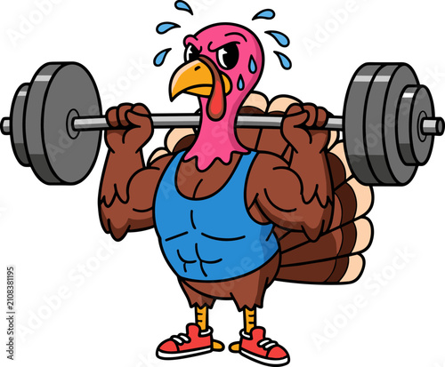Funny muscular turkey cartoon character lifting heavy barbell weight, gym fitness workout mascot, Thanksgiving holiday sports theme vector illustration design.
