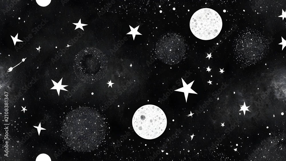 Naklejka premium Whimsical black and white seamless space pattern with stars, moons, and cosmic elements on a dark night sky background