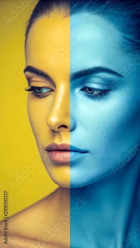 Split Face Woman with Dual Color Psychology and Emotional Contrast Concept