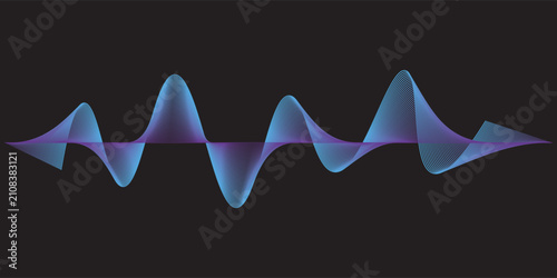 Abstract dynamic sound wave lines flowing colorful blue purple light isolated on black background. Vector illustration