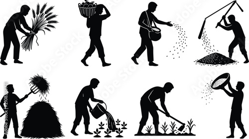 Konstfotografi Traditional Farming Activity Silhouette Icon Set with Harvesting Planting Wateri