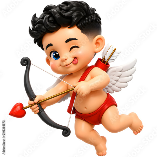 Schilderij op canvas 3D Cute Little Cupid Angel Baby Character Shooting Love Arrow for Valentine’s Day Celebration
