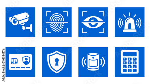 Blue security access control flat vector icons set on square backgrounds, cctv camera, fingerprint scan, eye scan, alarm, id card, shield, smart speaker, keypad