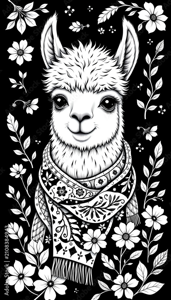 Fototapeta premium Charming line art of gentle alpaca wearing a scarf, in a cozy style, black and white, adorned with geometric flowers and leaves, smooth contours, inviting design for stress relief coloring