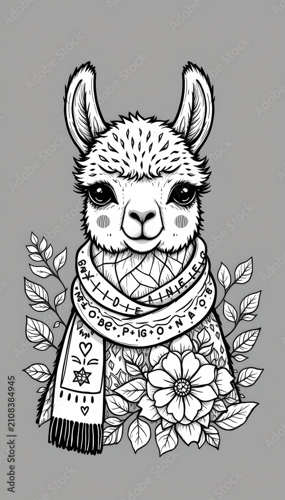 Fototapeta premium Charming line art of gentle alpaca wearing a scarf, in a cozy style, black and white, adorned with geometric flowers and leaves, smooth contours, inviting design for stress relief coloring