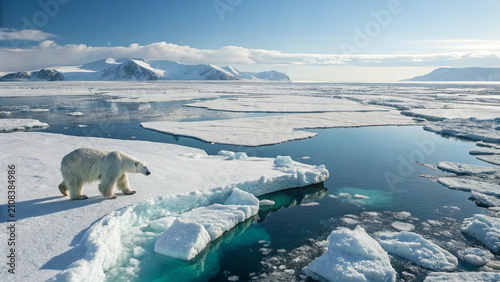 Polar bear walks across melting ice in serene Arctic landscape, highlighting climate change impacts