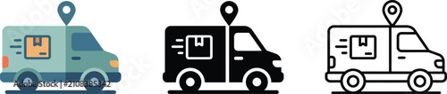 Three delivery vans with location pins for shipping and logistics services