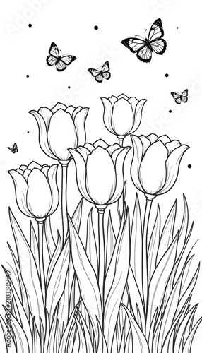 Charming line art of cheerful tulip garden, in a simple style, black and white, adorned with butterflies and grass, smooth contours, inviting design for stress relief coloring