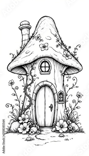 Charming line art of mushroom cottage, in a fairy tale style, black and white, adorned with flowers and curling vines, smooth contours, inviting design for stress relief coloring