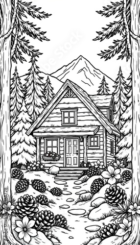 Charming line art of mountain cabin surrounded by trees, in a rustic style, black and white, adorned with pinecones and flowers, smooth contours, inviting design for stress relief coloring