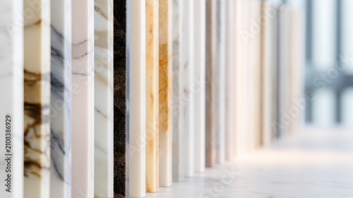 Vertical display of marble and stone sample slabs in a showroom for material selection design background and interior architecture presentations
