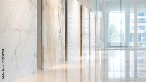 Polished marble wall panels and reflective floor in modern showroom corridor for interior design samples and architectural background use