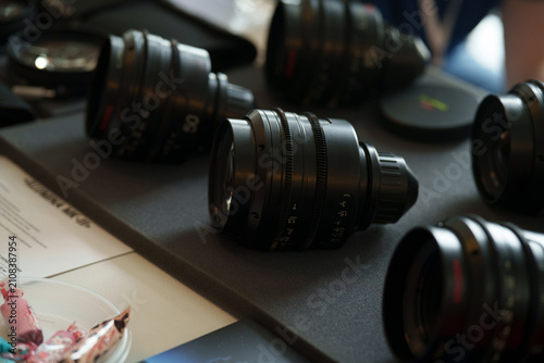 Obraz na plátně Professional cinema prime lenses arranged neatly on a foam mat.