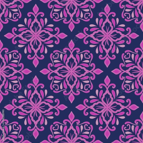 Bold Seamless Floral Ornamental Pattern in Pink and Navy
