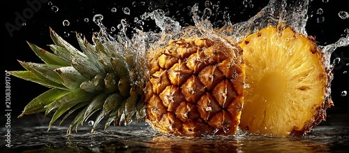 Fresh pineapple with water splash, juicy tropical fruit isolated on black background