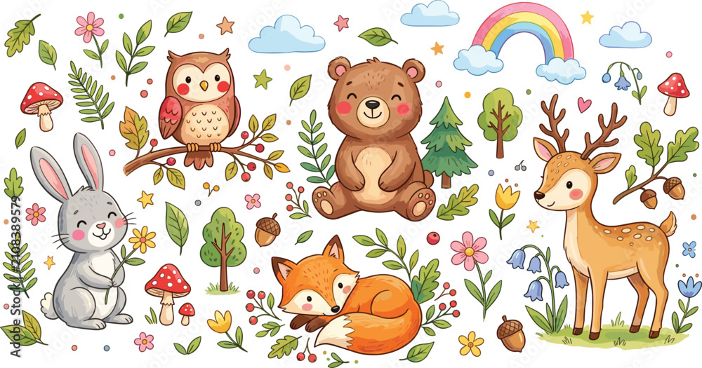 Naklejka premium Whimsical Baby Forest Wildlife Clipart Collection with Bunny Perched Owl Happy Bear Sleeping Fox Spotted Deer Rainbow Trees and Floral Elements