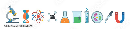 Science laboratory equipment and research tools are neatly arranged in a colorful flat vector illustration representing various scientific disciplines.