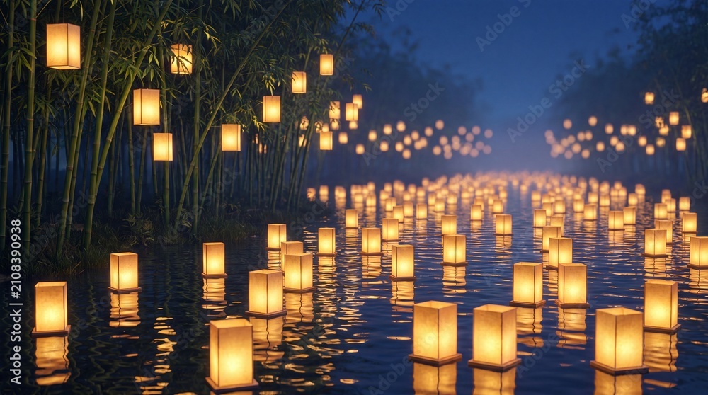 Fototapeta premium Floating lanterns illuminate a tranquil river surrounded by bamboo, creating a serene nighttime scene with reflections on the water surface