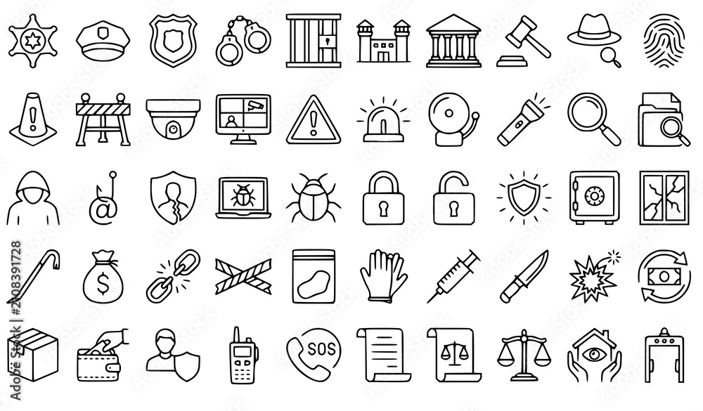 Fototapeta premium Crime investigation and police line icons set including sheriff badge, handcuffs, prison jail, cctv security, hacker, evidence bag, and justice scale vector elements.