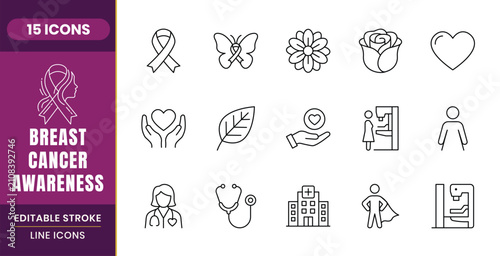 Breast cancer awareness outline icon set. Support and care icons. Editable Stroke Line Icons