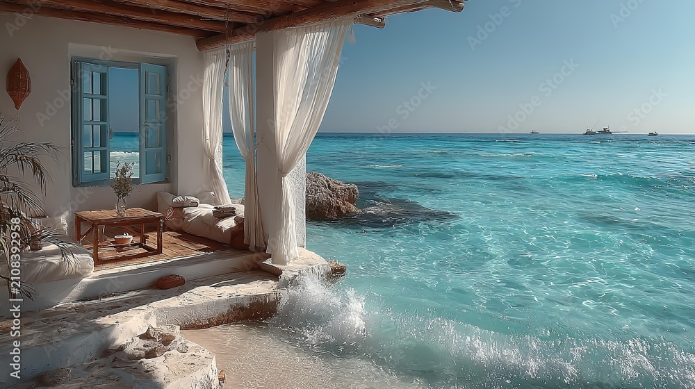 Obraz premium View from a luxury terrace through open doors on a coast , cliffs, and turquoise water.