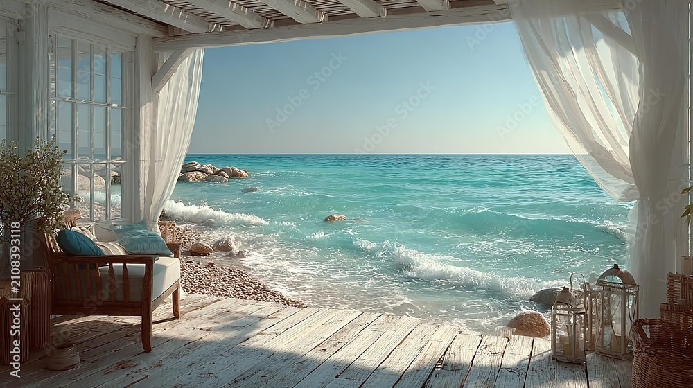 Obraz premium View from a luxury terrace through open doors on a coast , cliffs, and turquoise water.