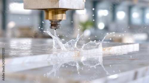 Industrial waterjet cutting marble slab with high pressure water splash and droplets for manufacturing and engineering backgrounds, brochure, technology and industrial design