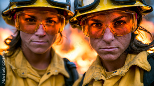 Two female wildland firefighters in yellow gear and amber safety glasses standing before a wall of flames