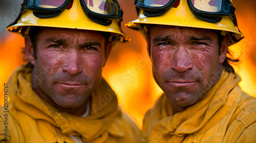 Emotional firefighter with tears and sweat on his face after battling a large wildfire beside his colleague