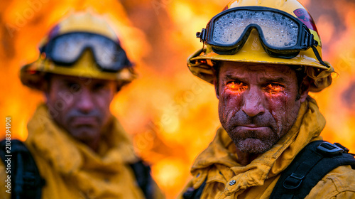 Exhausted male firefighter with flames reflected in his eyes standing with teammate before a burning forest