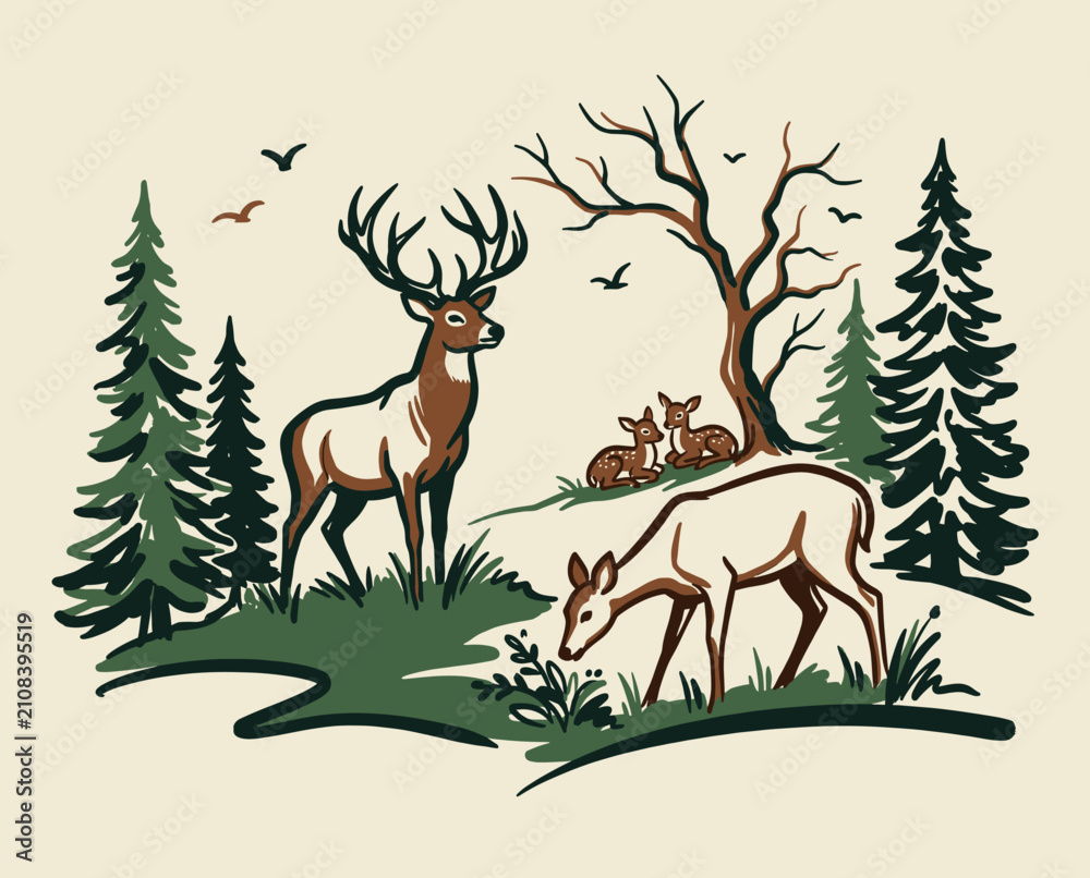 Obraz premium Deer family vintage illustration, woodland stag buck doe fawns, retro forest pine trees wildlife art, rustic nature outdoor wilderness