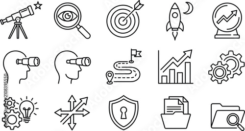 Business vision strategic planning and market analysis line icon set with future goals and forecasting symbols