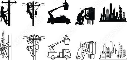 Принти на полотні Electrical Utility Worker Silhouette and Line Art Collection with Power Line Mai