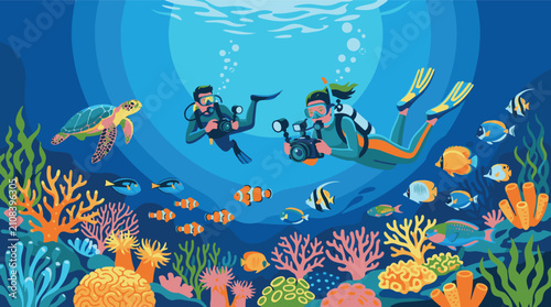Konstfotografi Scuba divers taking underwater photography of coral reef sea turtle and tropical