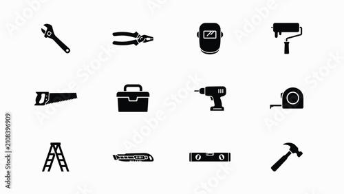 Принти на полотні Minimalist black hand tools and safety gear icon set for construction with colle