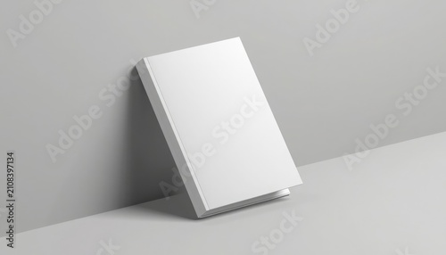 Blank book cover mockup leaning against a grey wall