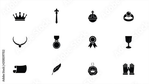 Schilderij op canvas Elegant black royalty and achievement icon set featuring crowns medals scepter a