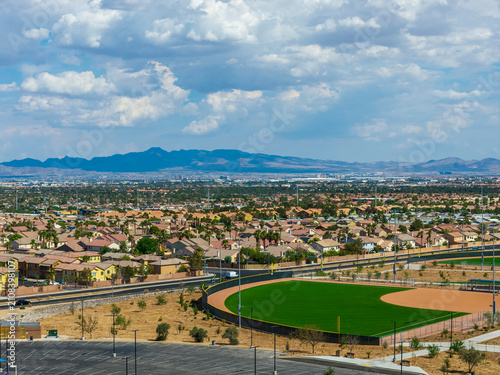 Photography Aerial shot of hotels, homes and office buildings in the skyline in Las Vegas Ne