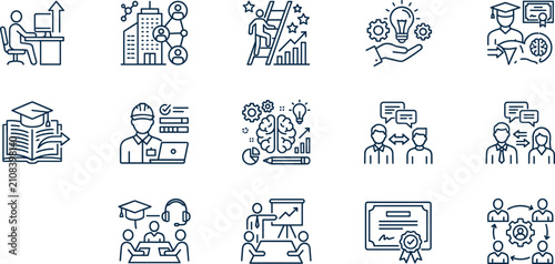 Corporate training and professional development line icon set with business education leadership and career growth symbols