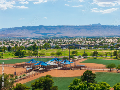 Photography Aerial shot of a baseball field surrounded by homes in Las Vegas Nevada USA