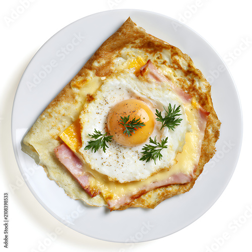Traditional savory buckwheat crepe topped with ham cheese and a fried egg on a white plate