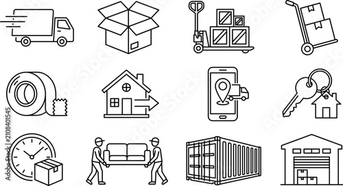 House moving relocation service and logistics line icon set with delivery truck warehouse and movers symbols