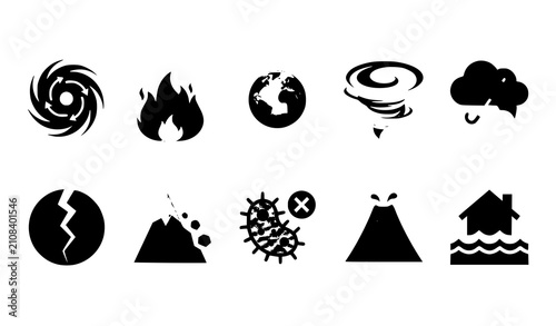 Natural disaster and global warming solid glyph icon set featuring hurricane, wildfire, melting earth, tornado, rainstorm, earthquake, landslide, virus pandemic, volcano, and flood.
