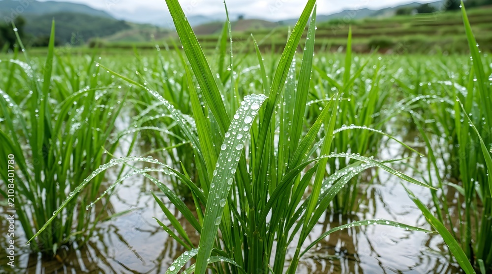 Fototapeta premium Close-up of Green Rice Seedlings with Water Droplets in a Flooded Paddy Field at a Mountain Terrace.