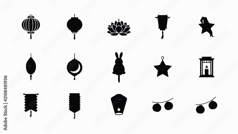 Obraz premium Elegant black silhouette icons set with showcases minimalist black white icon collection with collection