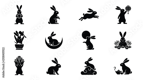 Canvastavla Creative black silhouette rabbits engaged in playful everyday activities with pl