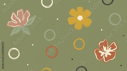 Seamless pattern with hand drawn flowers and circles on a muted green background