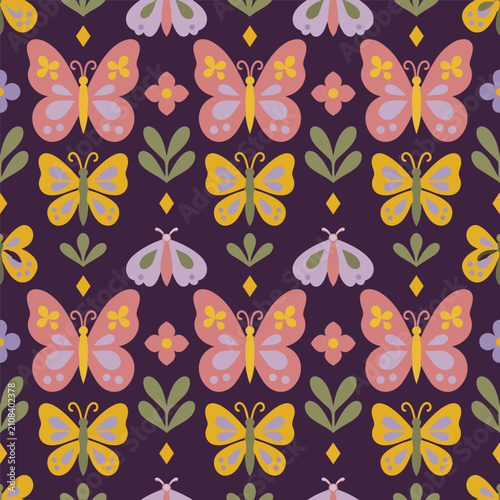 Folk Butterfly and Moth Seamless Pattern
