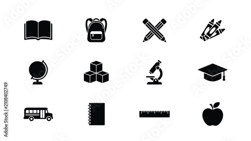 Minimalist black icons set with monochromatic collection ten flat style icons representing essential educational tools academic themes neutral background