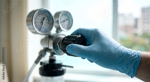 Gloved hand adjusting medical gas regulator with pressure gauges in hospital.
